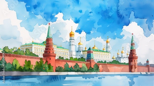Watercolor Illustration of the Moscow Kremlin and Towers