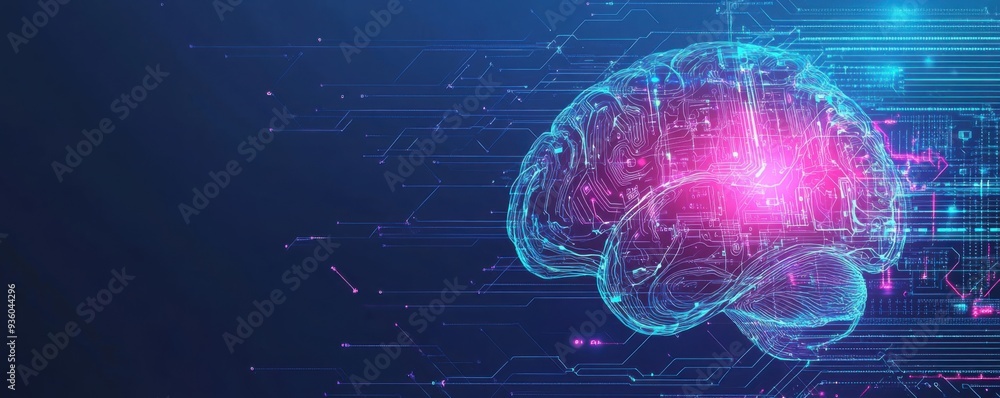 Digital illustration of a vibrant human brain with glowing neon circuits against a technological background Digital illustration of a vibrant human brain with glowing neon circuits against a technological background
