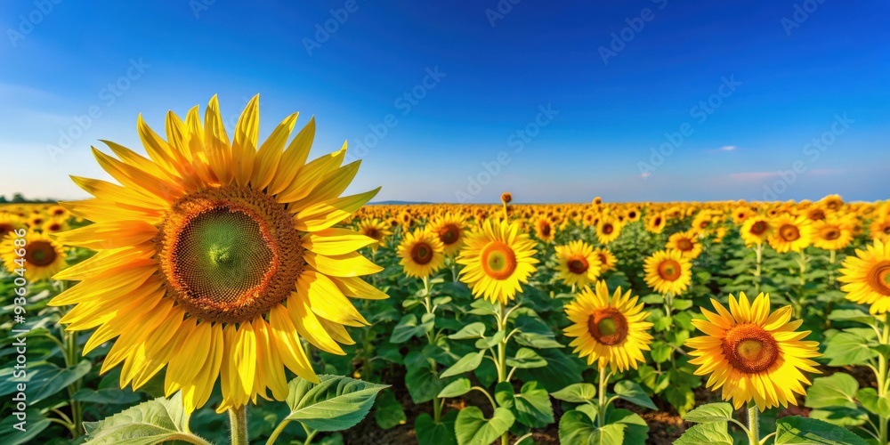 Vibrant yellow sunflowers in a sprawling field under a clear blue sky Vibrant yellow sunflowers in a sprawling field under a clear blue sky
