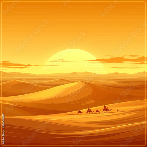Vector Illustration of Camel Caravan Marching Under the Blazing Desert Sun
