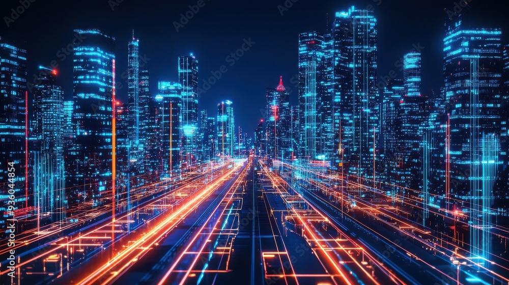 A smart city at night with towering skyscrapers illuminated by neon lights, autonomous vehicles gliding along the streets, and smart infrastructure seamlessly integrating with urban life A smart city at night with towering skyscrapers illuminated by neon lights, autonomous vehicles gliding along the streets, and smart infrastructure seamlessly integrating with urban life