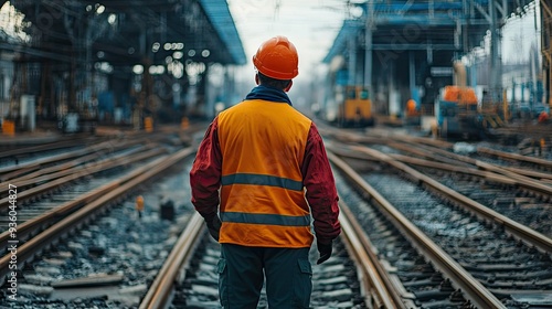 railway worker or engineer who maintains a railway track inspects the switchgear construction process and inspects work at the railway station. -