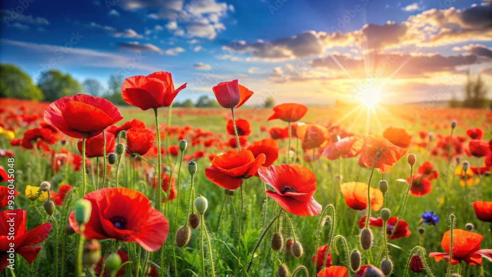 Fototapeta premium Vibrant spring meadow filled with blooming red poppies