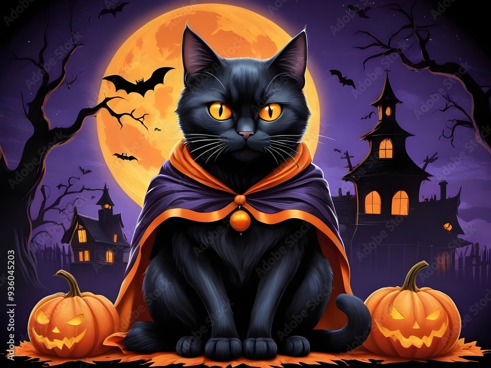 Halloween Neon painting of a black cat with bright orange eyes Halloween Neon painting of a black cat with bright orange eyes