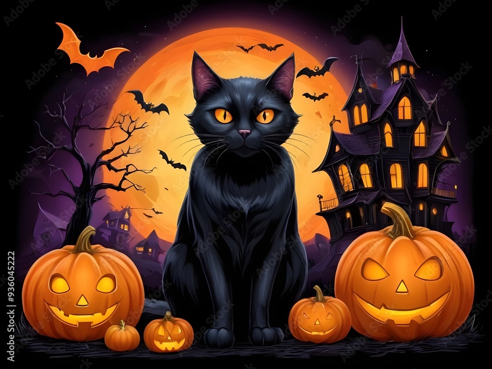 Halloween Neon painting of a black cat with bright orange eyes Halloween Neon painting of a black cat with bright orange eyes