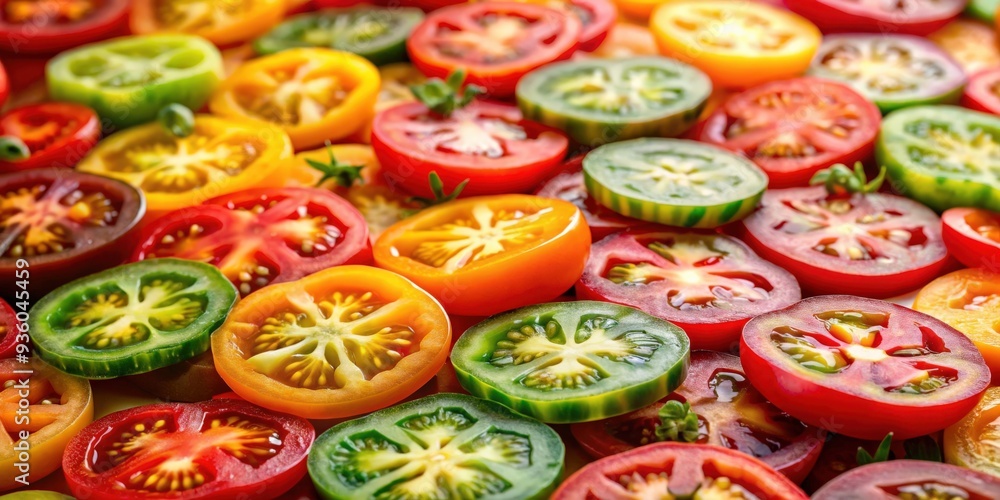 Colorful tomatoes sliced from above, creating a vibrant and fresh food background Colorful tomatoes sliced from above, creating a vibrant and fresh food background