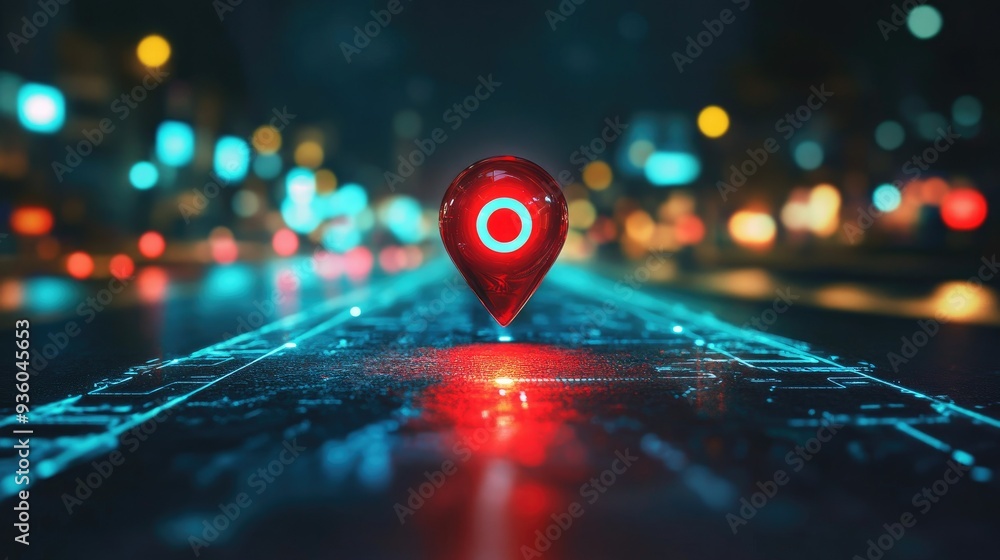 Red map pin on a smart road with integrated LED lights and digital path indicators. - Red map pin on a smart road with integrated LED lights and digital path indicators. -