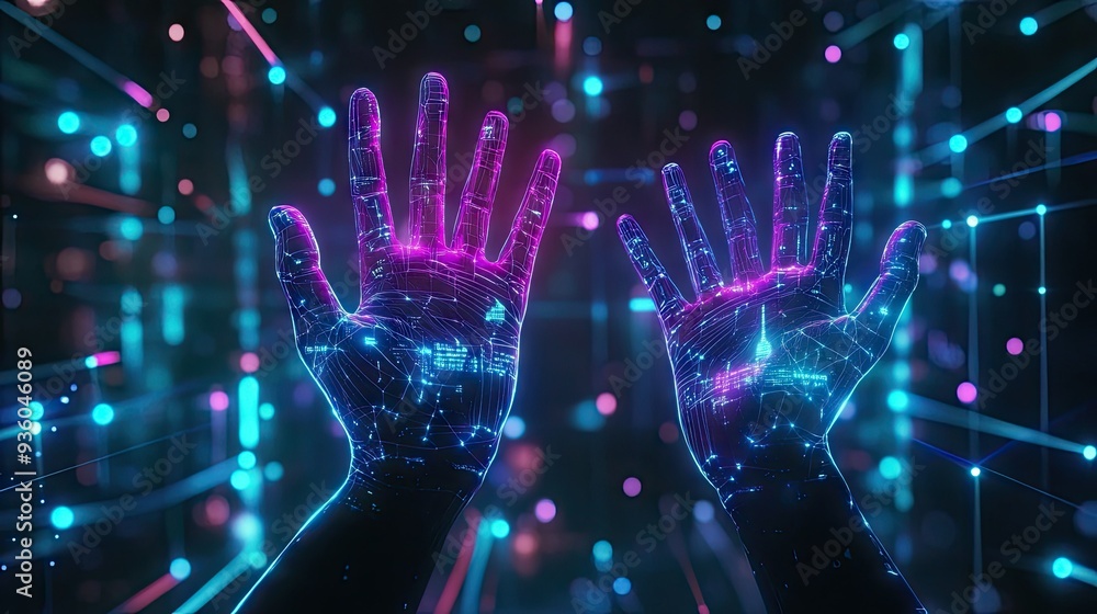 Robot and human hands, palms open, supporting a digital world with futuristic light patterns. Robot and human hands, palms open, supporting a digital world with futuristic light patterns.