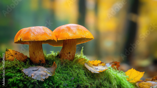 boletus among moss in autumn forest, fall, mushrooms, trees, wood, nature, beauty, macro photo, plant, beauty, season, orange, brown, ecology, eco, background, wallpaper