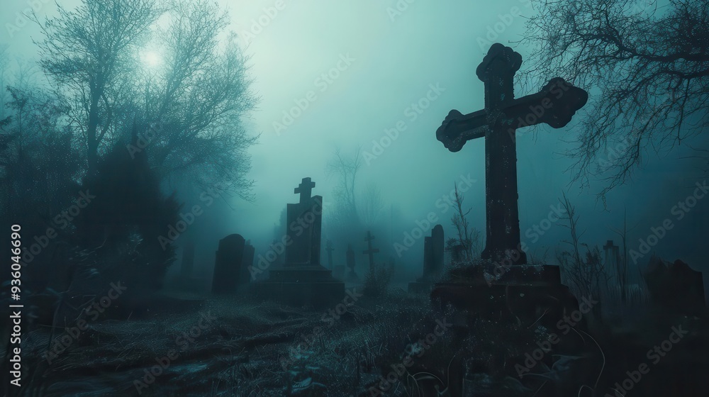 Haunted Halloween night eerie apparitions drifting through a dark, foggy cemetery, captured in eerie lighting, Spooky, Cool Tones, Atmospheric Haunted Halloween night eerie apparitions drifting through a dark, foggy cemetery, captured in eerie lighting, Spooky, Cool Tones, Atmospheric