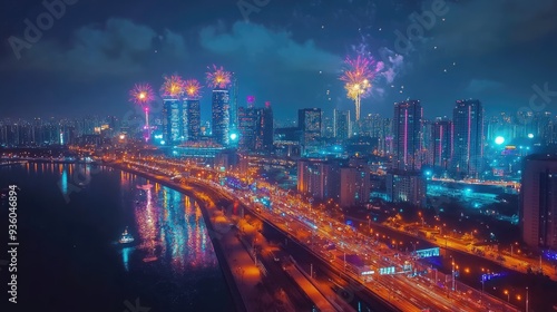 Seoul Fireworks Festival in Night city at Yeouido, South Korea.
