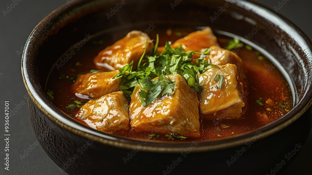 Shark fin stew garnished with fresh herbs, presented in a deep ceramic bowl with a dark background. Shark fin stew garnished with fresh herbs, presented in a deep ceramic bowl with a dark background.