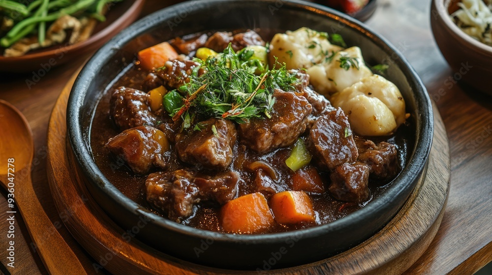Shark fin stew served with a side of steamed vegetables, presented on a rustic wooden table Shark fin stew served with a side of steamed vegetables, presented on a rustic wooden table