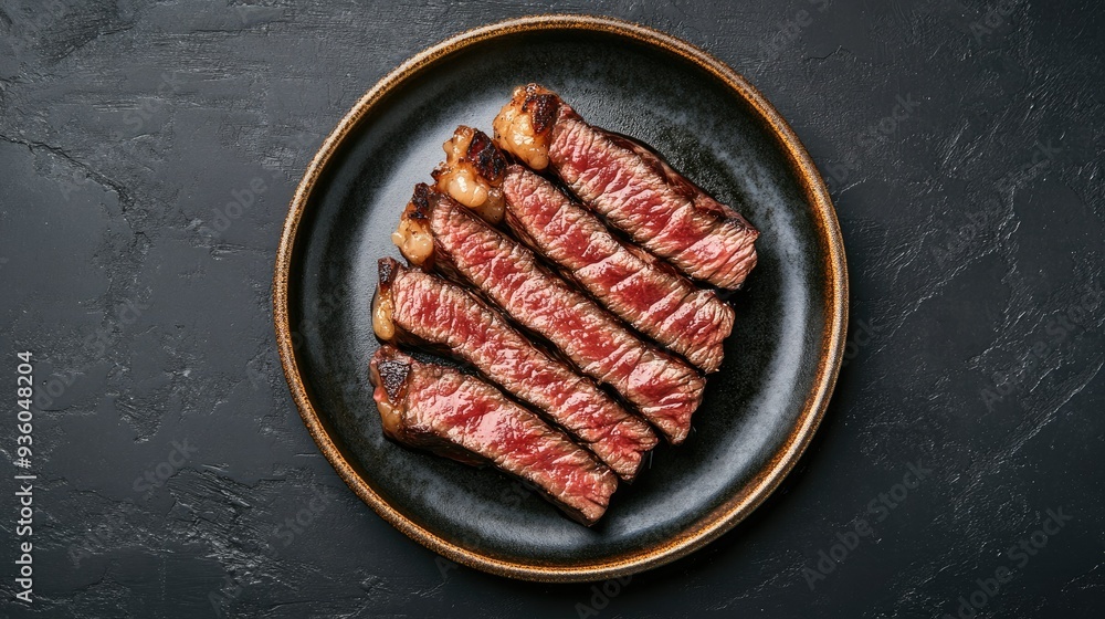 Sliced Wagyu Rib Eye steak on a plate, grilled to a perfect medium-rare. The dark background enhances the visual appeal of the rich beef. Top view. Sliced Wagyu Rib Eye steak on a plate, grilled to a perfect medium-rare. The dark background enhances the visual appeal of the rich beef. Top view.
