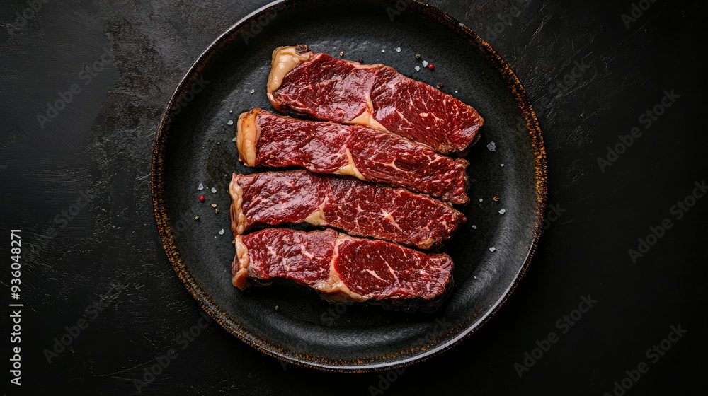 Sliced Wagyu Rib Eye steak on a plate, grilled to a perfect finish. The dark background contrasts beautifully with the marbled beef. Top view. Sliced Wagyu Rib Eye steak on a plate, grilled to a perfect finish. The dark background contrasts beautifully with the marbled beef. Top view.