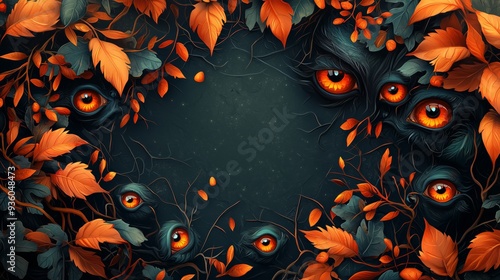 Dark Halloween background featuring glowing eyes hidden among autumn leaves, creating a mysterious and eerie atmosphere.