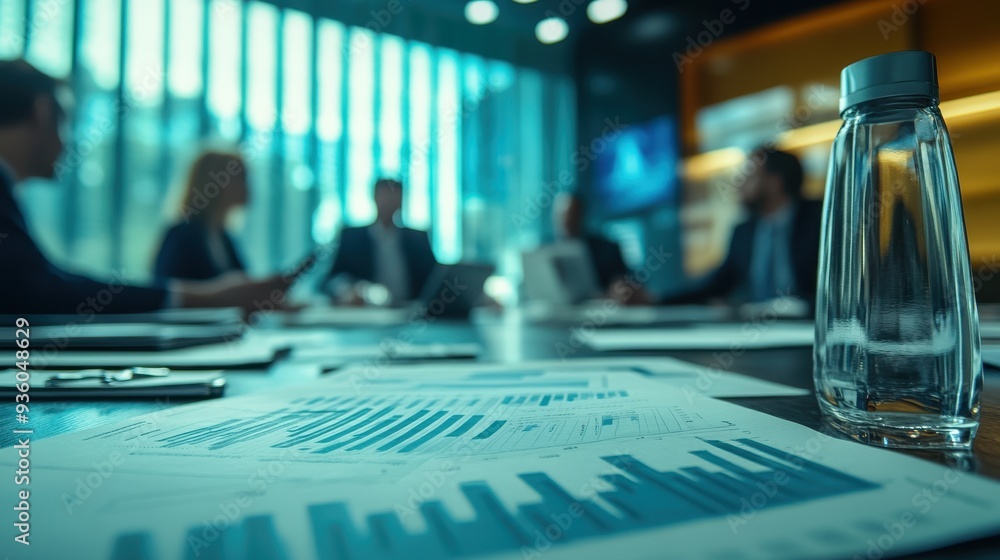 Business Meeting in Modern Office with Focus on Financial Reports and Water Bottle on Table Business Meeting in Modern Office with Focus on Financial Reports and Water Bottle on Table