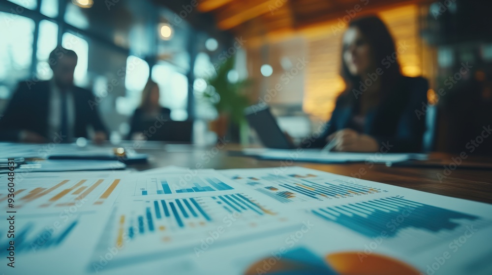 Business Meeting with Focus on Financial Charts and Graphs in a Modern Office Setting Business Meeting with Focus on Financial Charts and Graphs in a Modern Office Setting