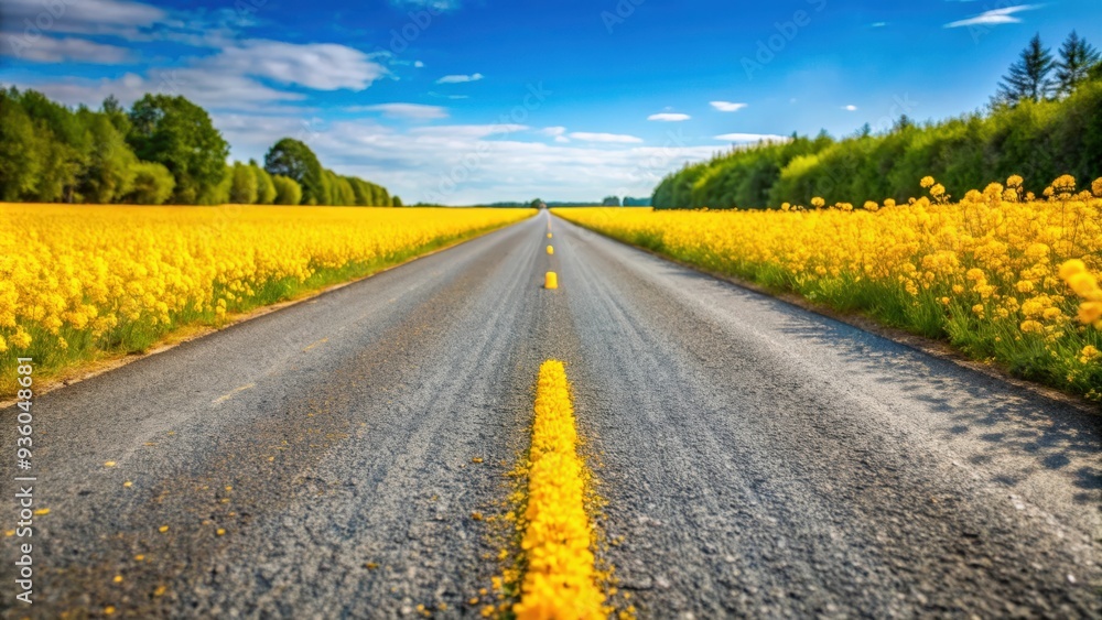 Empty asphalt road lined with vibrant yellow flowers in a field during summer, spring or autumn Empty asphalt road lined with vibrant yellow flowers in a field during summer, spring or autumn