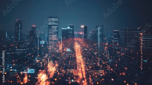 Wallpaper Mural Smart city with speed line glowing light trail surround the city. big data connection technology concept - Torontodigital.ca