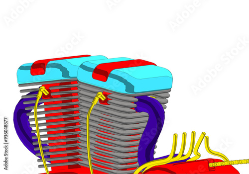 Multicolored motorcycle engine on white background.
