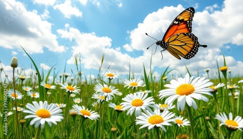 Spring summer landscape with field flowers of daisies and fluttering butterfly on background blue sky with clouds in nature. Colorful artistic image beauty of environment, ai