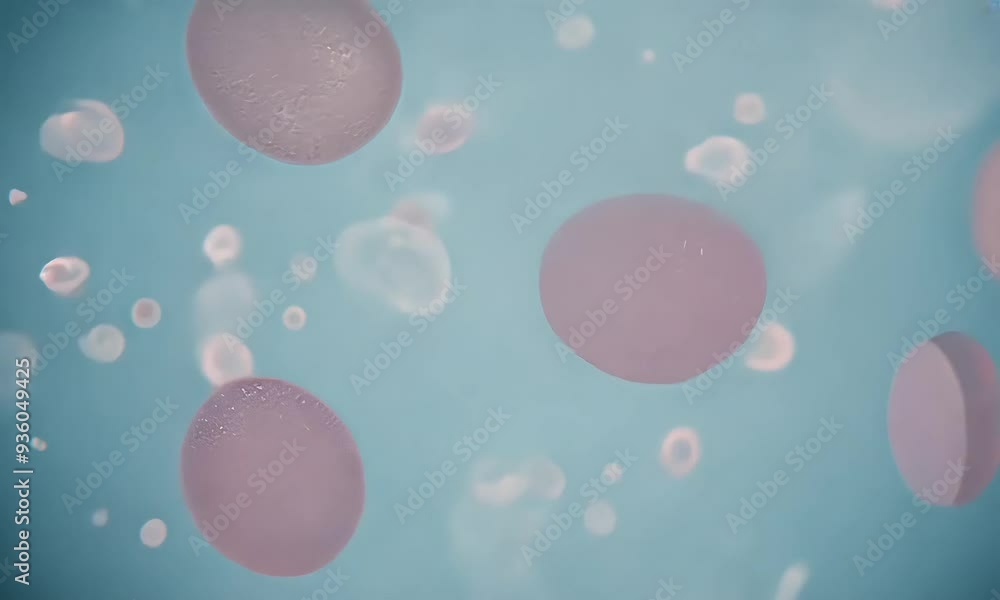 Microscopic view of spherical cells in a fluid medium. Microscopic view of spherical cells in a fluid medium.
