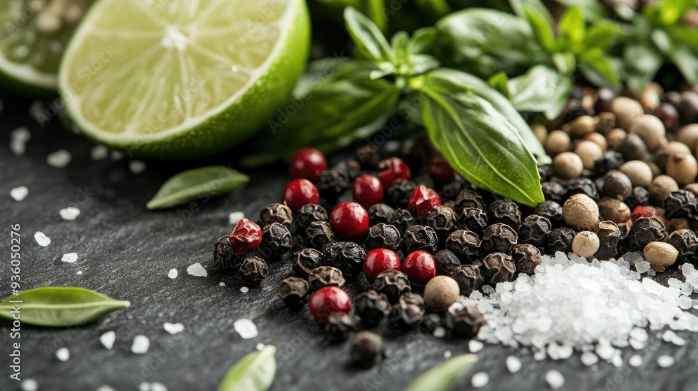 Fototapeta premium Spicy green herbs, red, black, and white pepper seeds, along with lime and salt, spread on a slate table. A rich palette of flavors for food-related content.