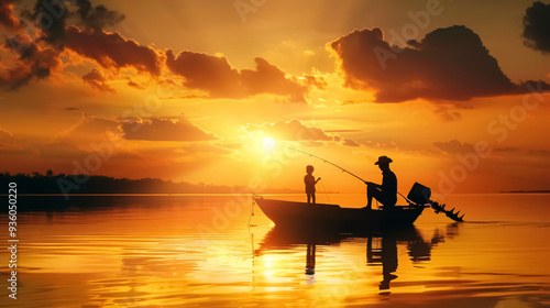 Fototapeta Naklejka Na Ścianę i Meble -  Father and son catching fish from a boat at sunset.