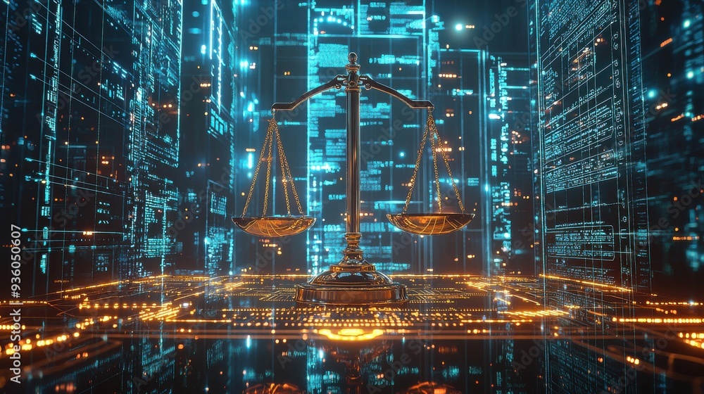 A concept of AI ethics visualized as a scale balancing artificial intelligence and human values in a futuristic courtroom setting with glowing holographic displays and advanced technology A concept of AI ethics visualized as a scale balancing artificial intelligence and human values in a futuristic courtroom setting with glowing holographic displays and advanced technology