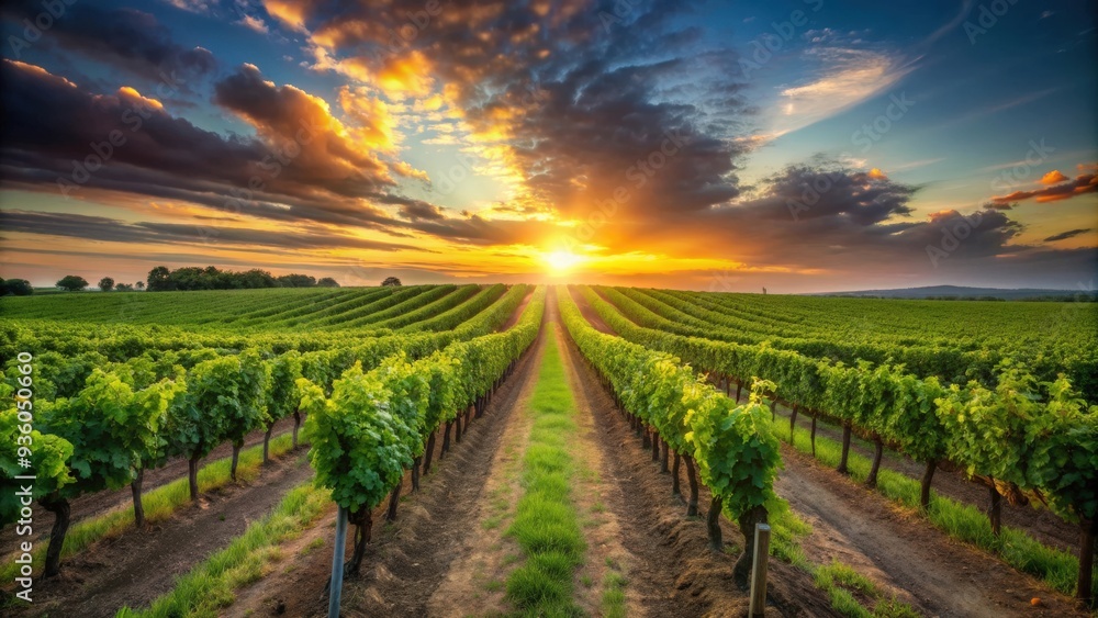 Fototapeta premium Rows of green vines leading towards a vibrant sunset in the horizon