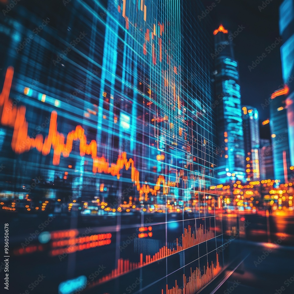 Fototapeta premium Stock market business concept. Financial graphs and digital indicators with modernistic urban area and skyscrapers as background. Double Exposure.