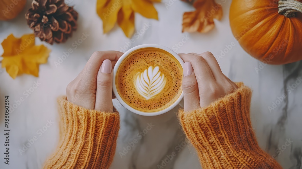 Top view composition with pumpkin style cup of coffee and female hands in autumn themed sweater. The generation of AI Top view composition with pumpkin style cup of coffee and female hands in autumn themed sweater. The generation of AI