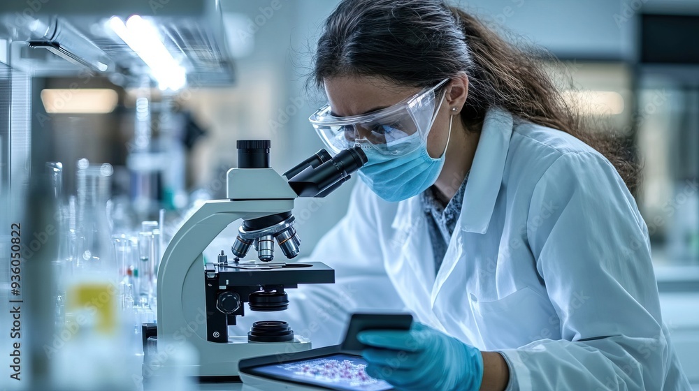 Laboratory scene featuring a scientist examining samples under a microscope. The setup includes lab equipment and a tablet for data analysis. Laboratory scene featuring a scientist examining samples under a microscope. The setup includes lab equipment and a tablet for data analysis.