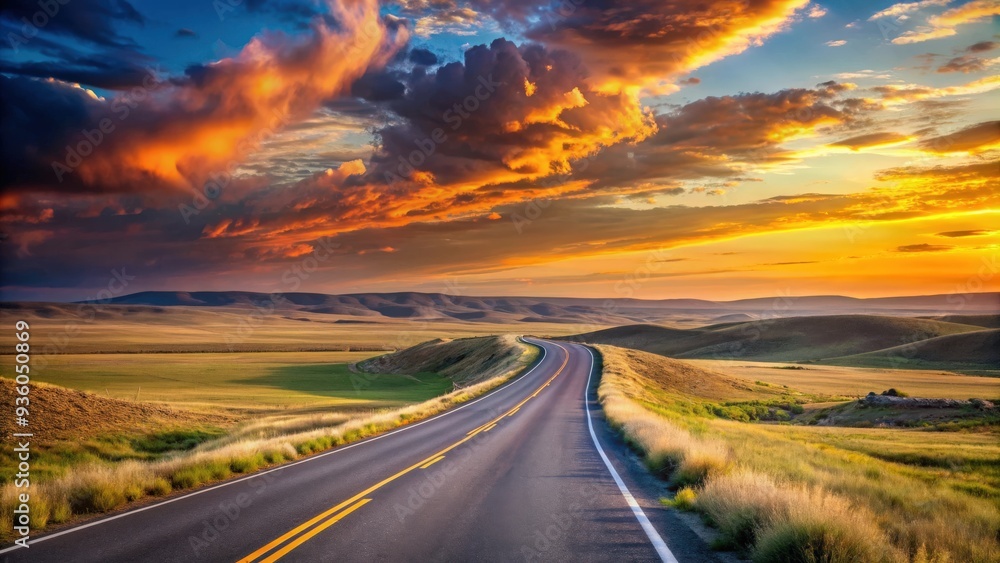 Naklejka premium Scenic evening road winding through the steppe landscape