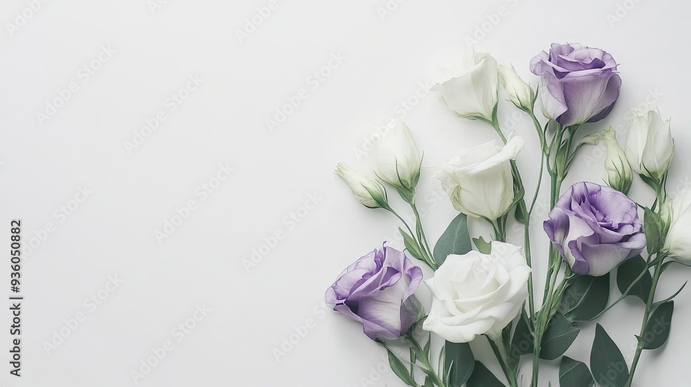 Stylish and elegant arrangement of white and purple eustoma flowers on a white background, creating a sophisticated scene. Stylish and elegant arrangement of white and purple eustoma flowers on a white background, creating a sophisticated scene.