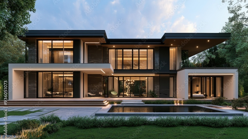 Stylish modern house 3D rendering with a flat roof and elegant outdoor living space.