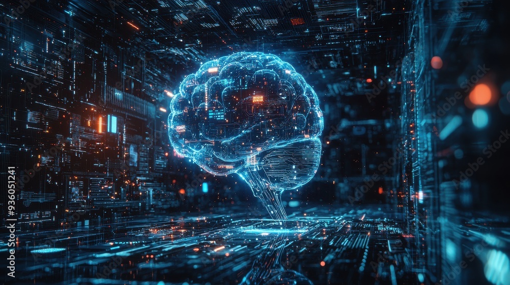 A futuristic interpretation of AI as a digital brain surrounded by swirling data streams and holographic circuits symbolizing artificial consciousness and the vast potential of AI A futuristic interpretation of AI as a digital brain surrounded by swirling data streams and holographic circuits symbolizing artificial consciousness and the vast potential of AI