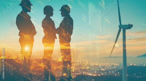 Wallpaper Mural Team of Engineer people working in wind turbine and industrial with double exposure. Concept engineers. Torontodigital.ca