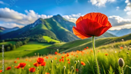 Vibrant red poppy flower bud in a mountainous countryside field photo