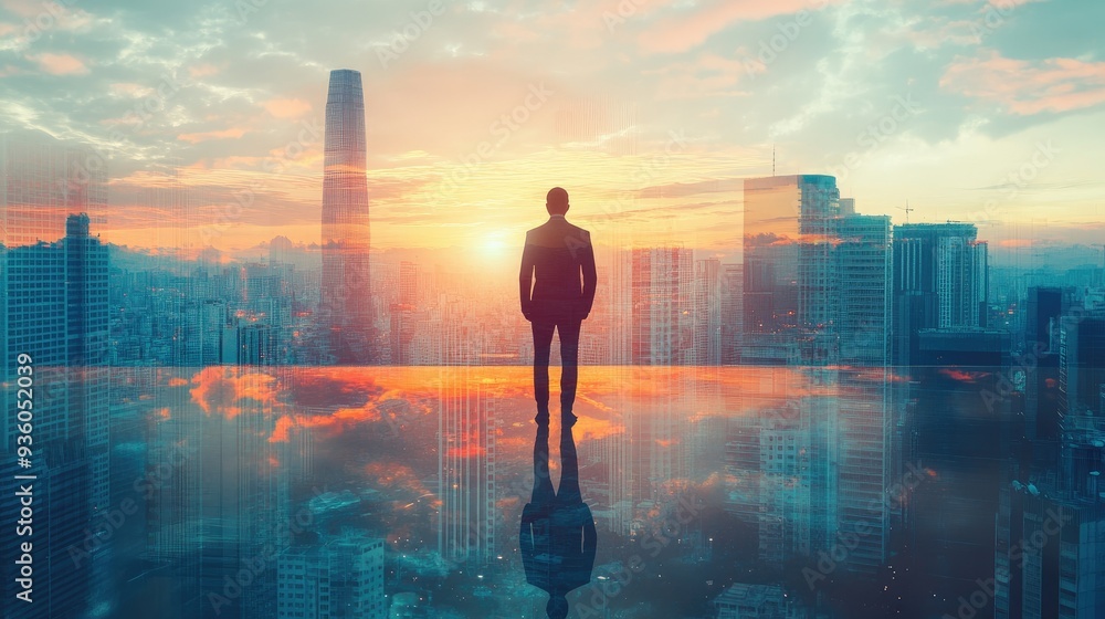 The double exposure image of the business man standing back during sunrise overlay with cityscape image. The concept of modern life, business, city life and internet of things. The double exposure image of the business man standing back during sunrise overlay with cityscape image. The concept of modern life, business, city life and internet of things.