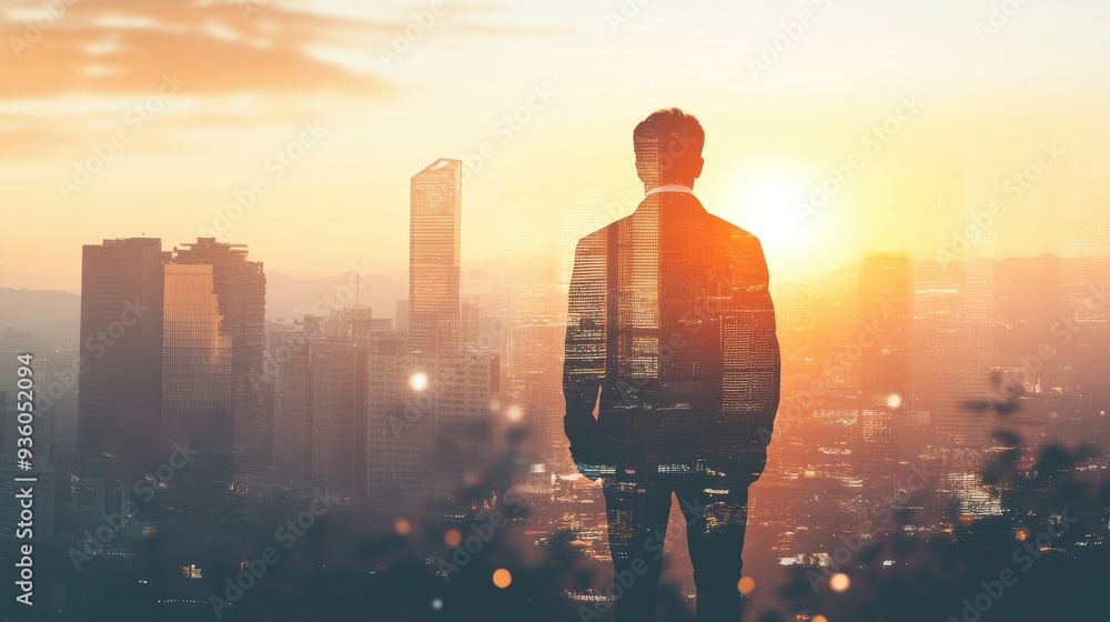 The double exposure image of the businessman standing back during sunrise overlay with cityscape image. The concept of modern life, business, city life and internet of things. The double exposure image of the businessman standing back during sunrise overlay with cityscape image. The concept of modern life, business, city life and internet of things.