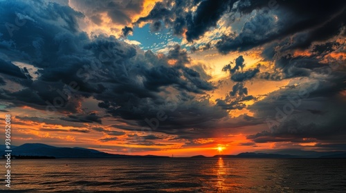 Dramatic Cloudscape Illuminated by Golden Sunset Over the Tranquil Sea, Capturing the Majestic Beauty of Nature with Vibrant Colors and Peaceful Reflections in a Serene Coastal Horizon