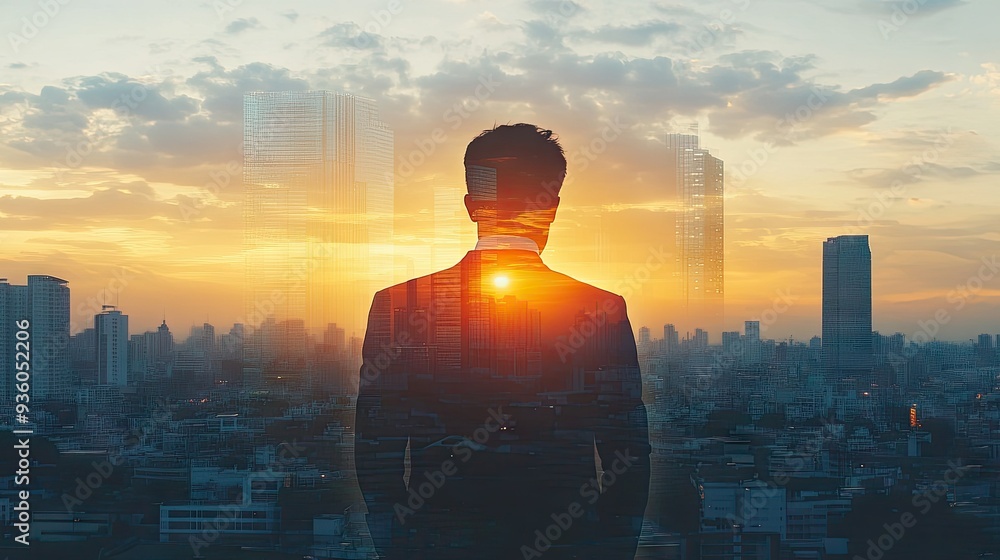 The double exposure image of the businessman standing back during sunrise overlay with cityscape image. The concept of modern life, business, city life and internet of things. The double exposure image of the businessman standing back during sunrise overlay with cityscape image. The concept of modern life, business, city life and internet of things.