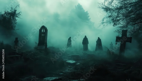 Haunted Halloween night haunted chronicles with ghostly figures drifting through a dark, foggy graveyard, Spooky, Cool Tones, Atmospheric photo