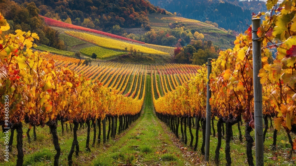Naklejka premium The view of beautifully planted vineyards during grape harvest in autumn. The generation of AI