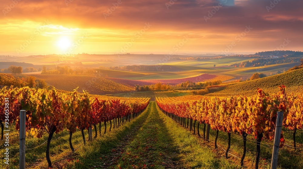 Naklejka premium The view of beautifully planted vineyards during grape harvest in autumn. The generation of AI