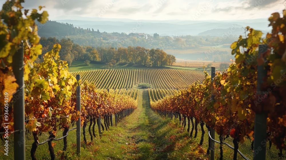 Naklejka premium The view of beautifully planted vineyards during grape harvest in autumn. The generation of AI