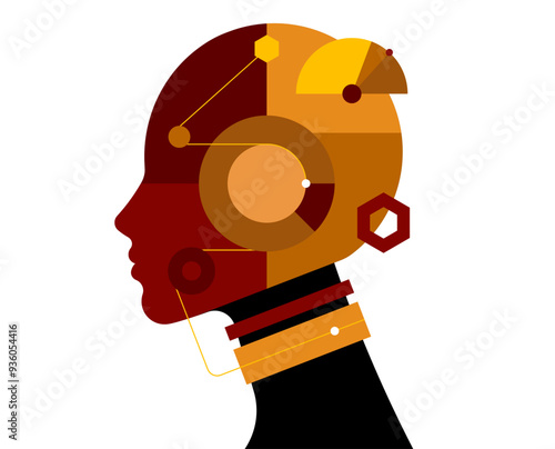 Robot with female face in abstract geometric style. Cyborg woman with beautiful face, side view, profile portrait of humanoid Simplicity flat vector illustration. Isolated
