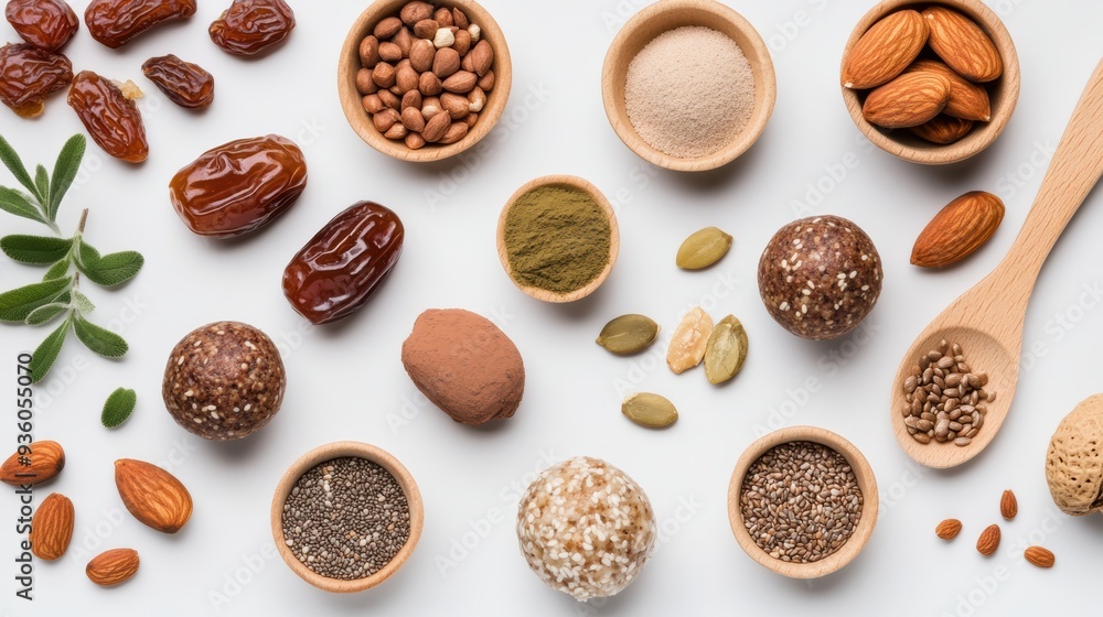 A detailed shot of a superfood-infused vegan energy ball, surrounded by ingredients like dates, nuts, and seeds A detailed shot of a superfood-infused vegan energy ball, surrounded by ingredients like dates, nuts, and seeds